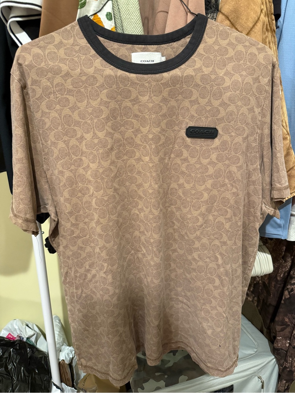 Coach Men’s Logo Print Short Sleeve Tee in Brown with Black Trim